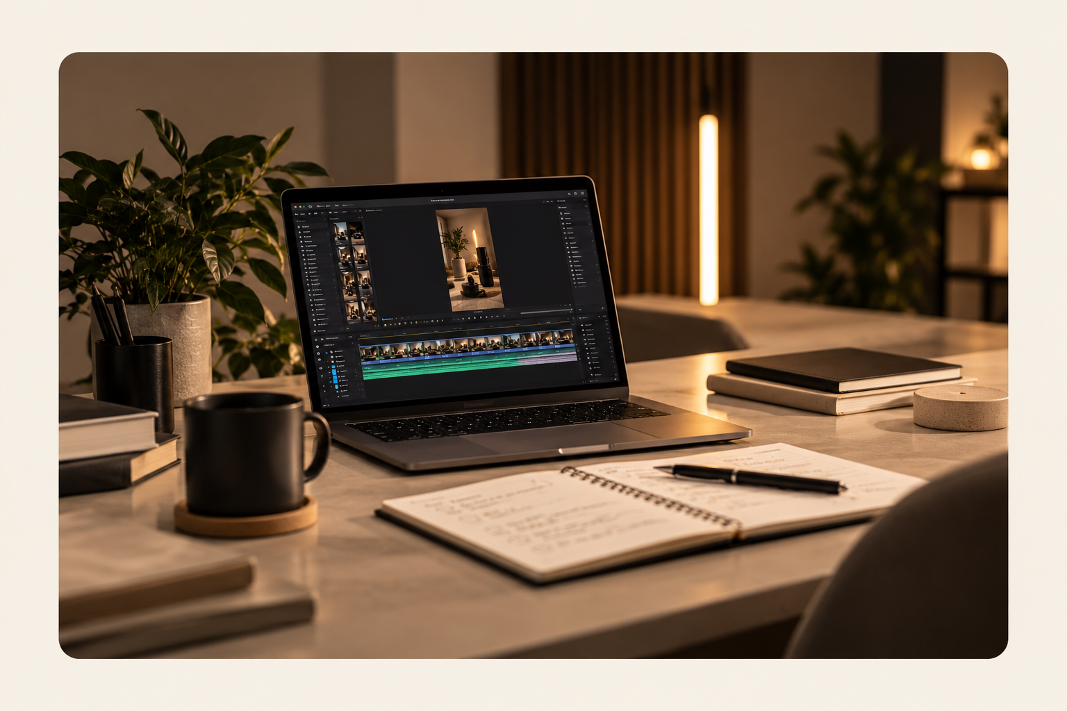 Video editing workspace with a laptop, timeline and desk setup.