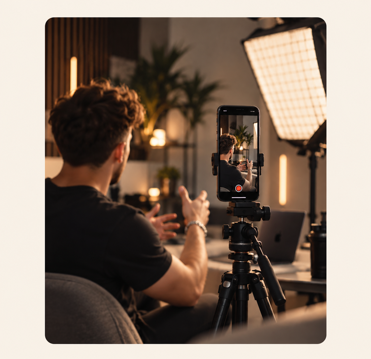 Filming short-form content on a smartphone in a studio setup.